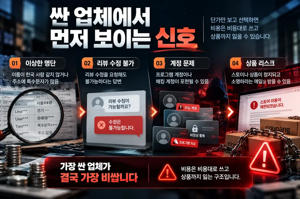 저가 업체 비교 시 명단과 리뷰 수정 등 확인 항목